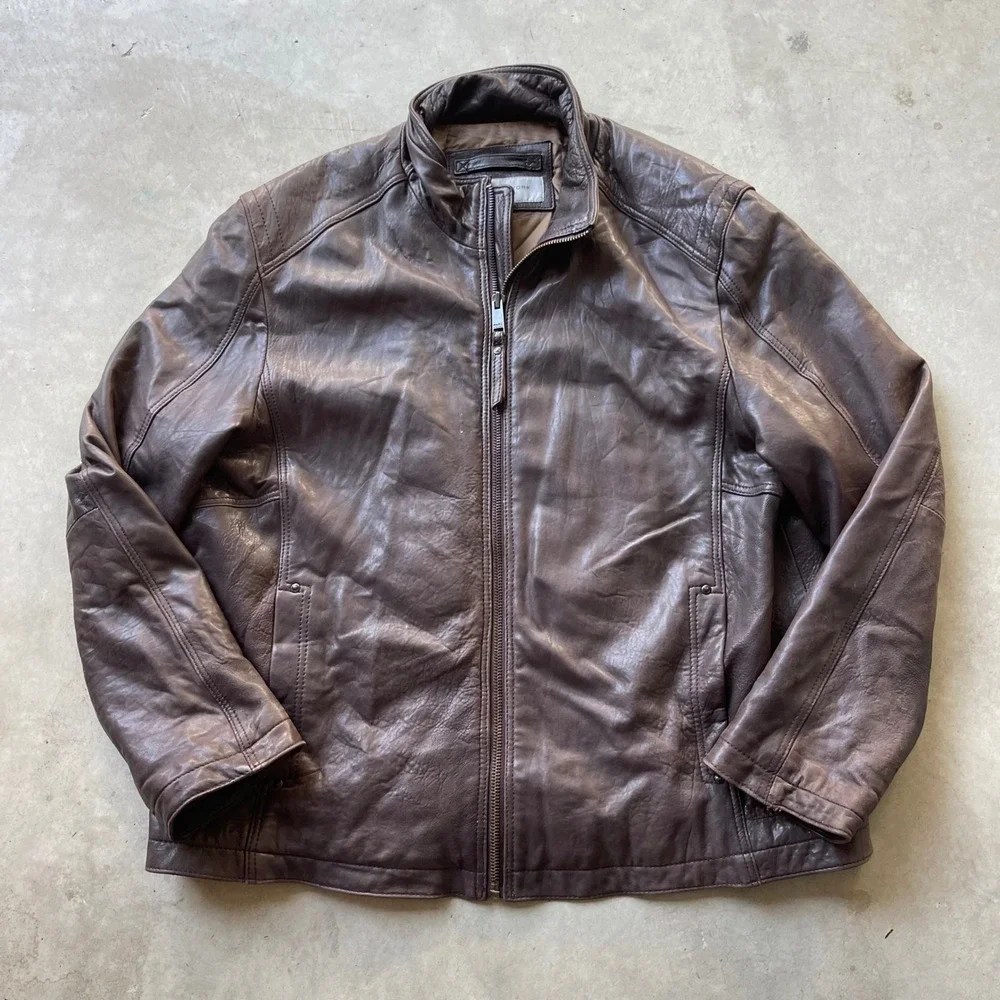 Marc New York Andrew Marc Brown Leather Cafe Racer Jacket XXL Moto Biker Quilted